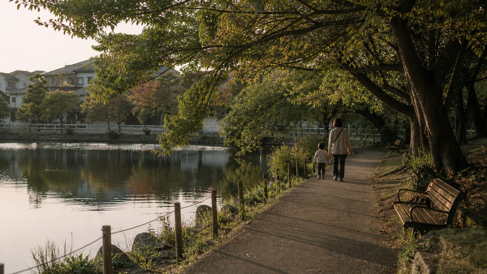 弁天池公園の木陰の園路とベンチ