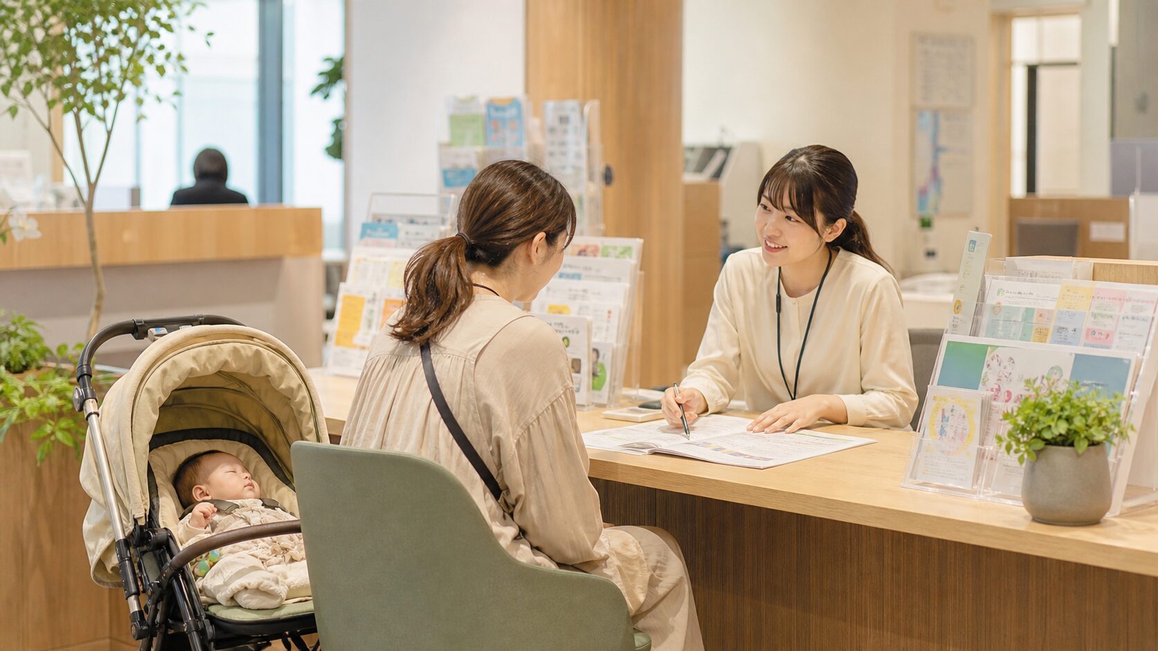 長久手市役所のこども家庭課窓口で伴走型相談をする母親