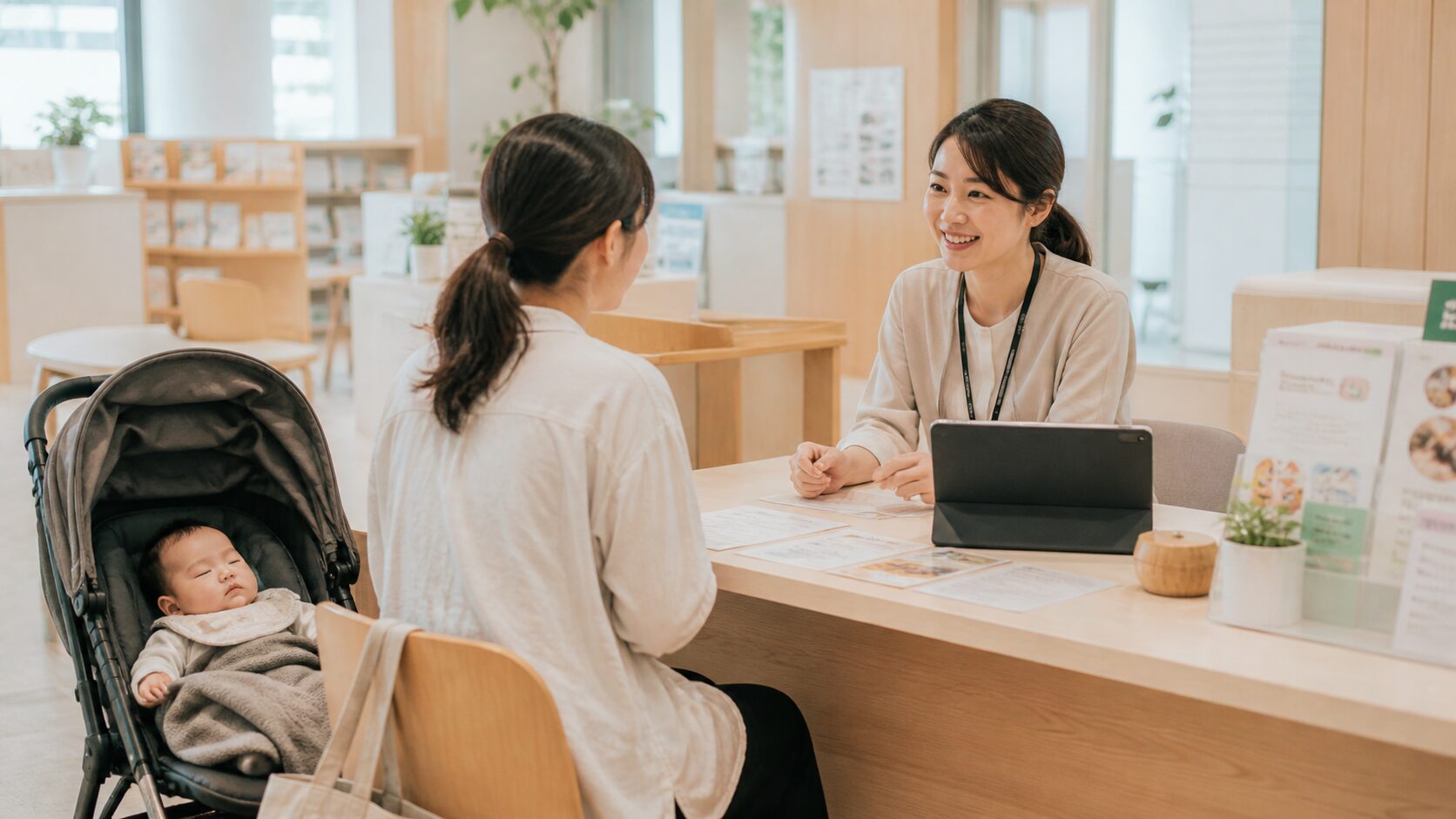 豊田市保健センターで伴走型面談をする母親