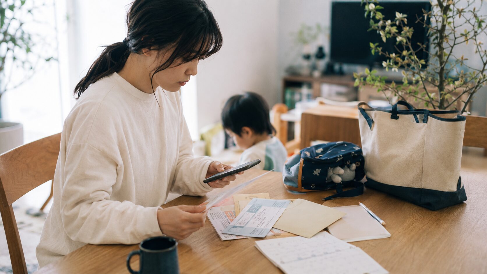 自宅でスマホと商品券を見る母親と幼児