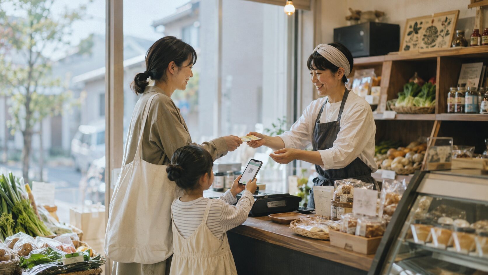 地元の個人商店で買い物をする母娘と店主