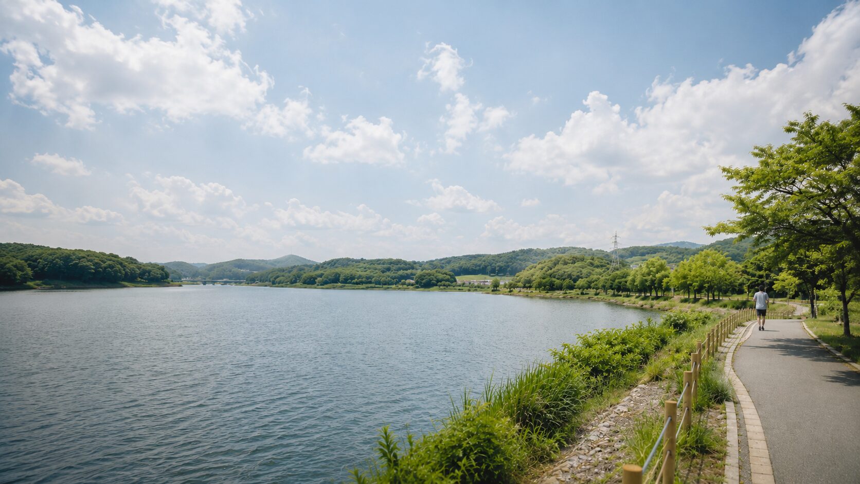 愛知池の湖畔。広い水面と散歩道が続き、走る人や歩く人が行き交う。