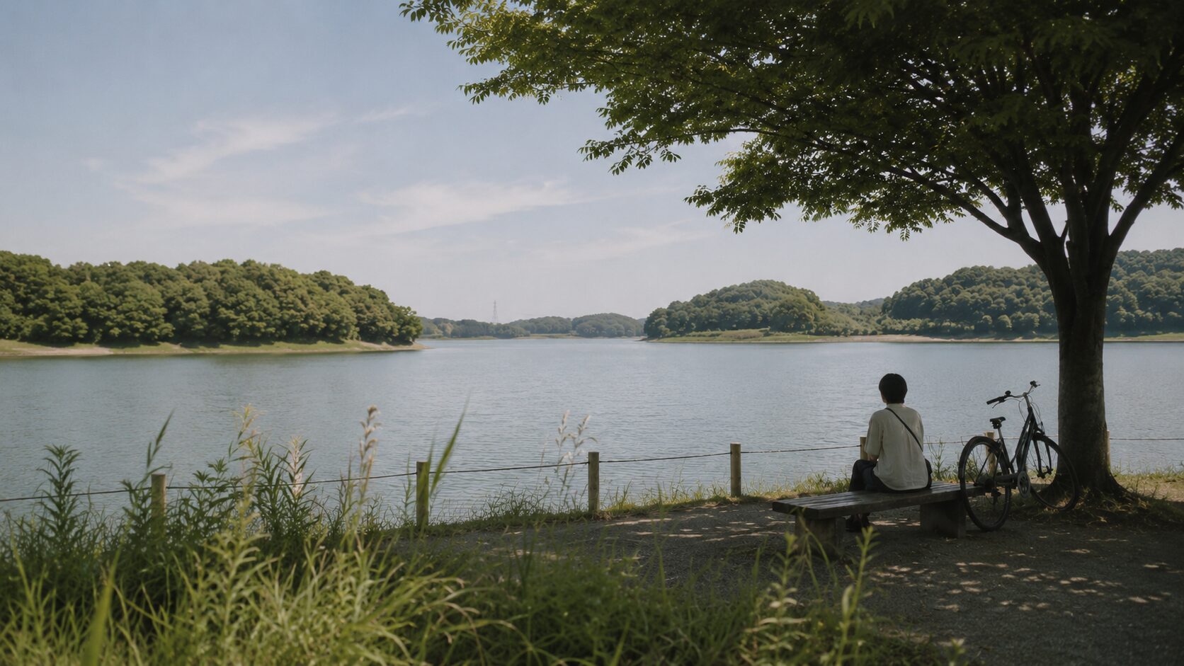 夕方の愛知池。水面に光が落ち、ボートが静かに進んでいる。