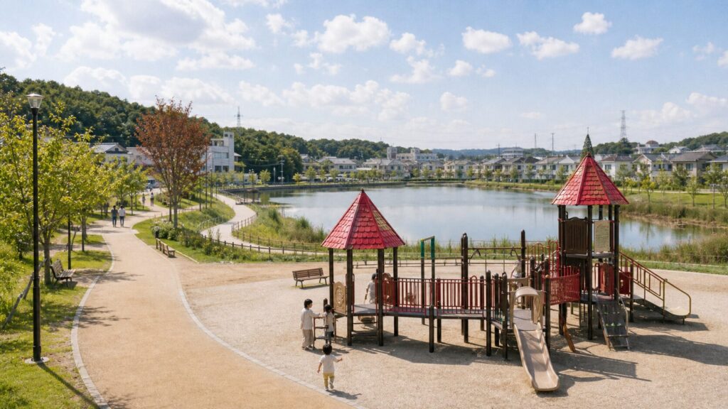 弁天池公園｜池のまわりを歩ける、遊具とベンチの公園。（日進市）